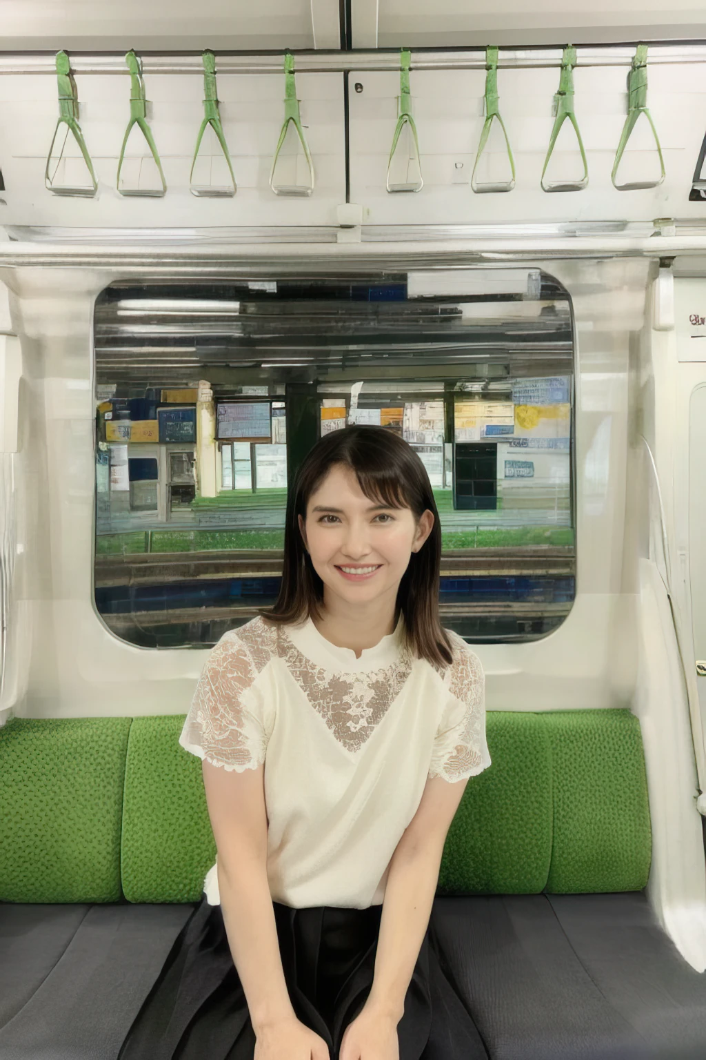 masterpiece,beautiful,extremely detailed,exquisite,smile,white blouse,saya<lora:saya ichikawa:0.9>E235, train interior,sit on the seat,strap<lora:E235_V5:1>