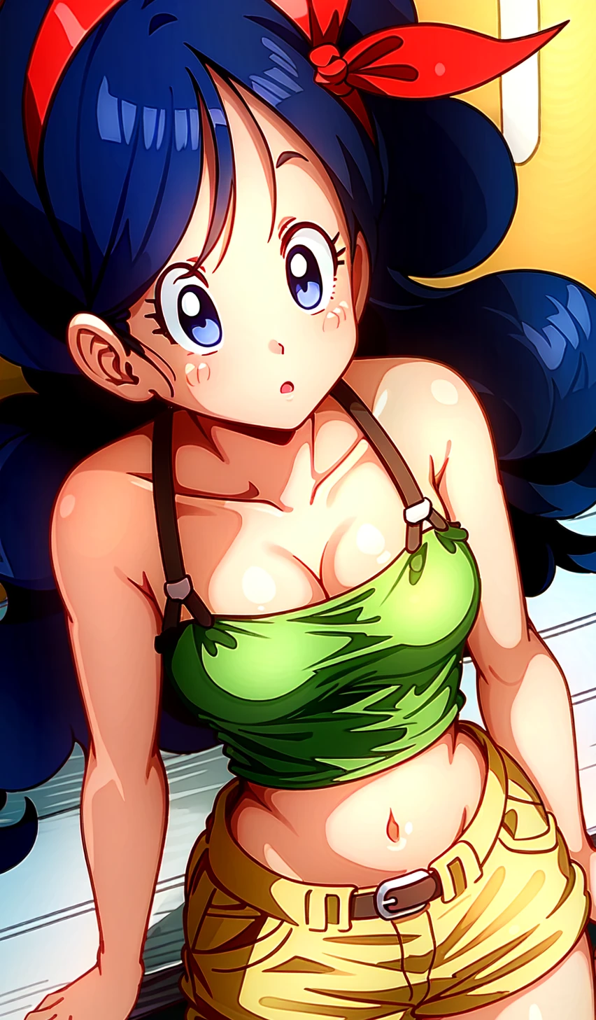 (extremely detailed CG unity 4k wallpaper),(masterpiece),(best quality),(ultra-detailed),(best illustration),(best shadow),(absurdres),(detailed background), <lora:OGT_LaunchDB-v1:1> Launch (Blue Hair), 1girl, solo, blue hair, blue eyes, midriff, breasts, crop top, long hair, cleavage, polka dot, medium breasts, navel, hair ribbon, ribbon, bare shoulders, hairband, belt, collarbone, camisole, shorts, tank top, looking up
