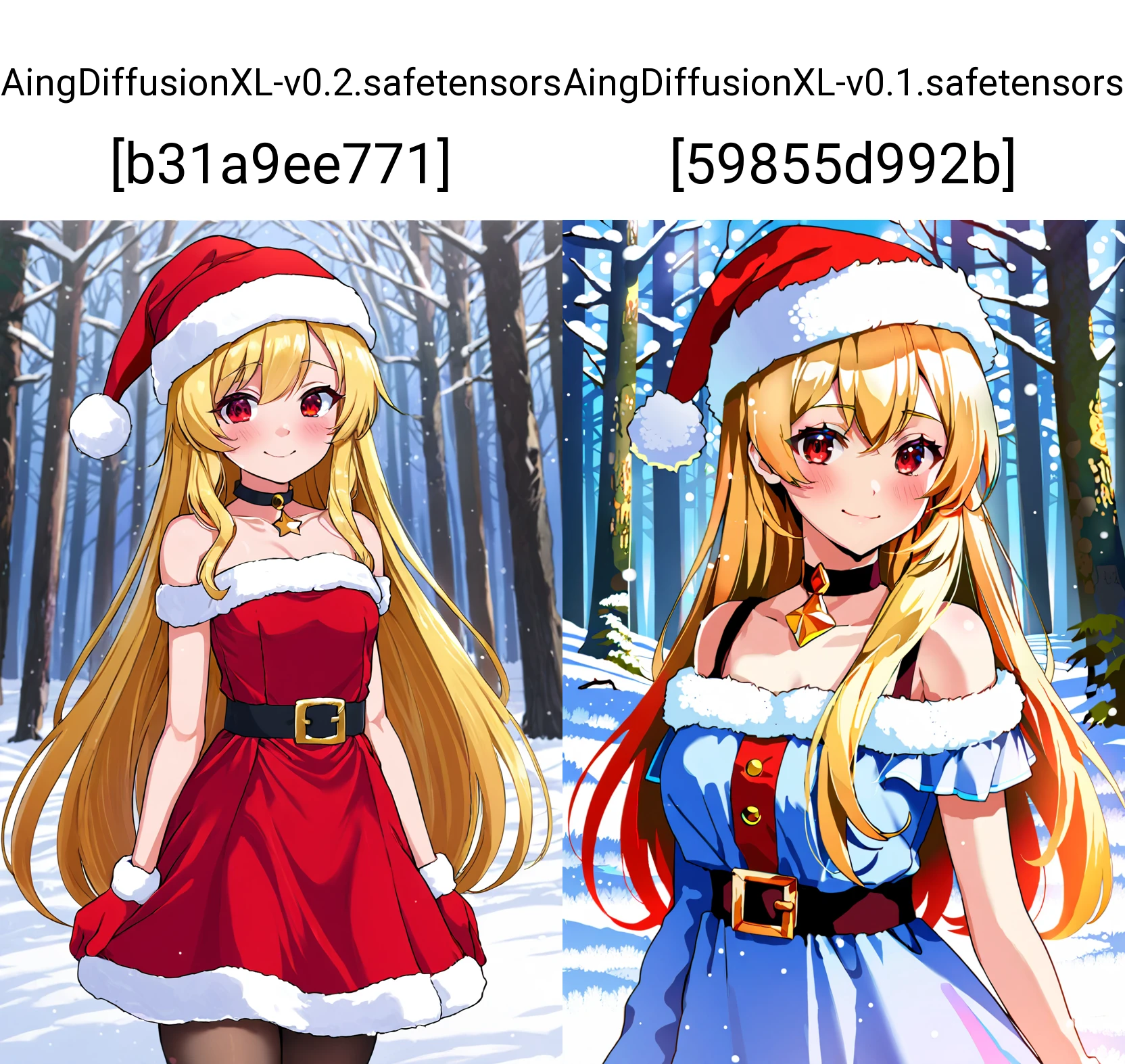 masterpiece, best quality,
long hair, blonde hair, wavy hair, red eyes, flat chest, dress, santa hat, choker, smile, arms behind back,
portrait, snow, forest,