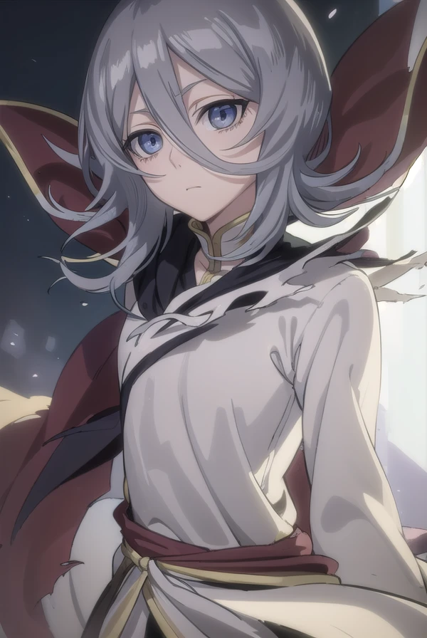 rukiakuchiki, <lora:rukia kuchiki movie3-lora-nochekaiser:1>,
dark rukia kuchiki, kuchiki rukia, short hair, grey hair, hair between eyes, (grey eyes:1.5),
BREAK cape, robe, white robe, high collar, long sleeves, torn clothes,
BREAK outdoors,
BREAK looking at viewer, (cowboy shot:1.5),
BREAK <lyco:GoodHands-beta2:1>, (masterpiece:1.2), best quality, high resolution, unity 8k wallpaper, (illustration:0.8), (beautiful detailed eyes:1.6), extremely detailed face, perfect lighting, extremely detailed CG, (perfect hands, perfect anatomy),