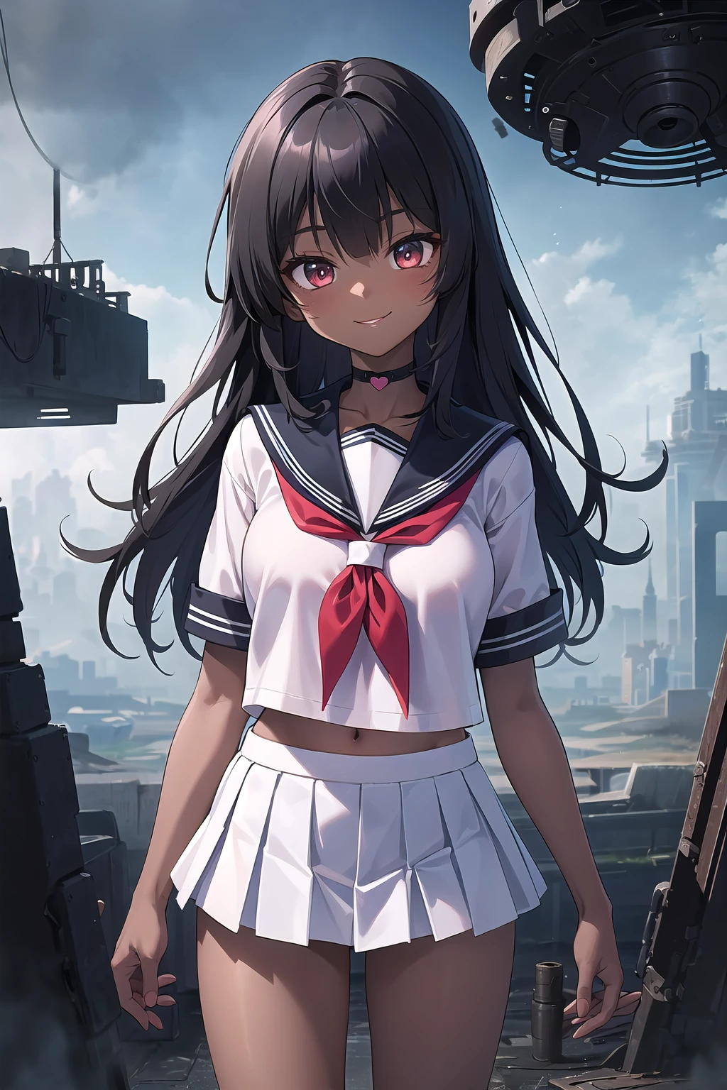 best quality, ultra-detailed, (1girl, solo, ,black hair,long hair, <lyco:heart-choker-v1:1.0> , xheartchokerx,hcattached, serafuku, white shirt, short skirt, frilled skirt, dark skin , smile, standing), in a dystopian landscape