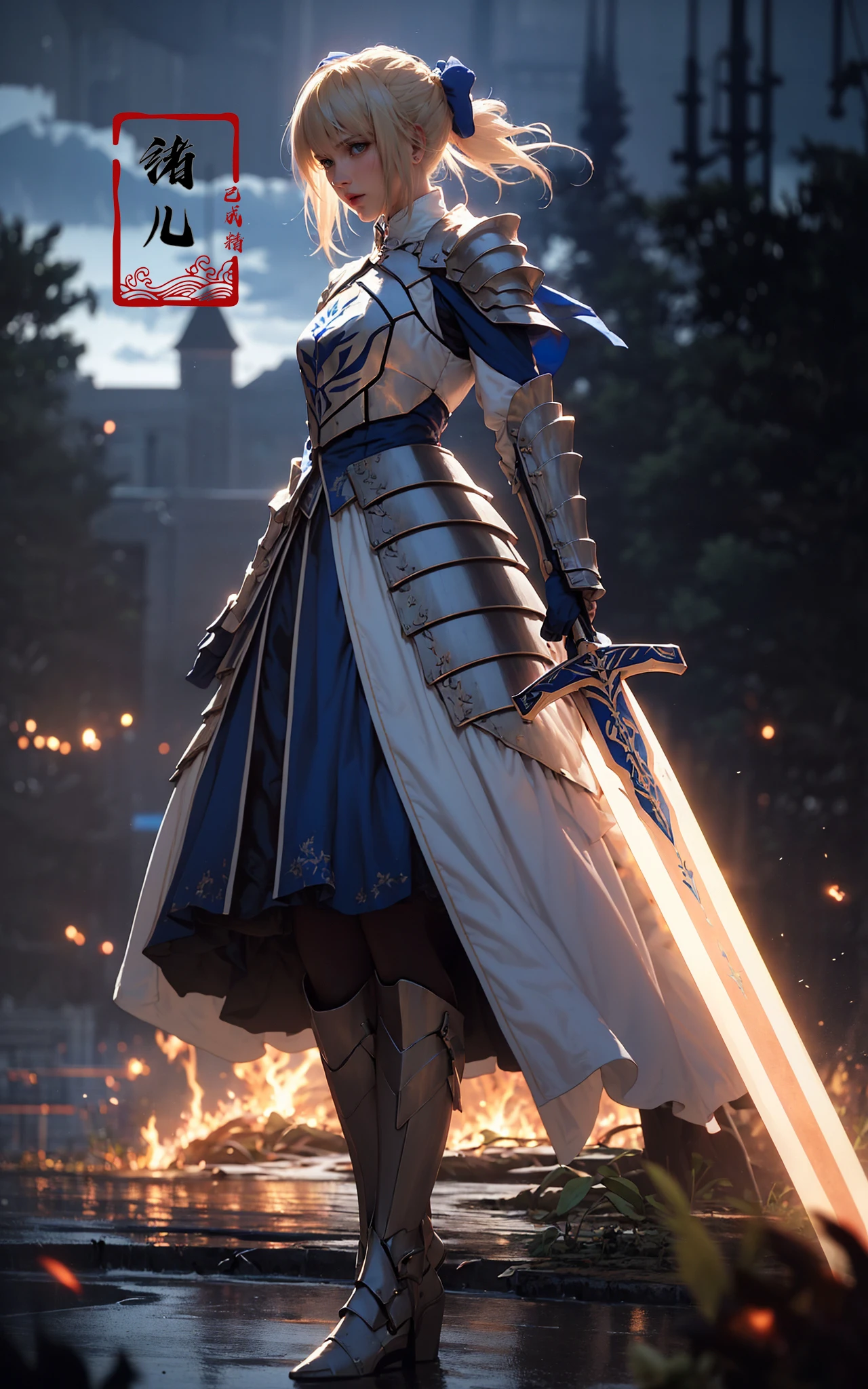 Epic CG masterpiece, hdr,dtm, full ha,8K, ultra detailed graphic tension, dynamic poses, stunning colors, 3D rendering, surrealism, cinematic lighting effects, realism, 00 renderer, super realistic, full - body photos, super vista, super wide Angle, HD(solo focus:1.7)Castle background,
Saber1girl, In hand huge flame great swordBlue dressBlue capeBlue bowgorgeous armorplatinum blonde hair
A shot with tension(sky glows red,Visual impact,giving the poster a dynamic and visually striking appearance:1.2),
<lora:~Q?-Saber:0.8>
