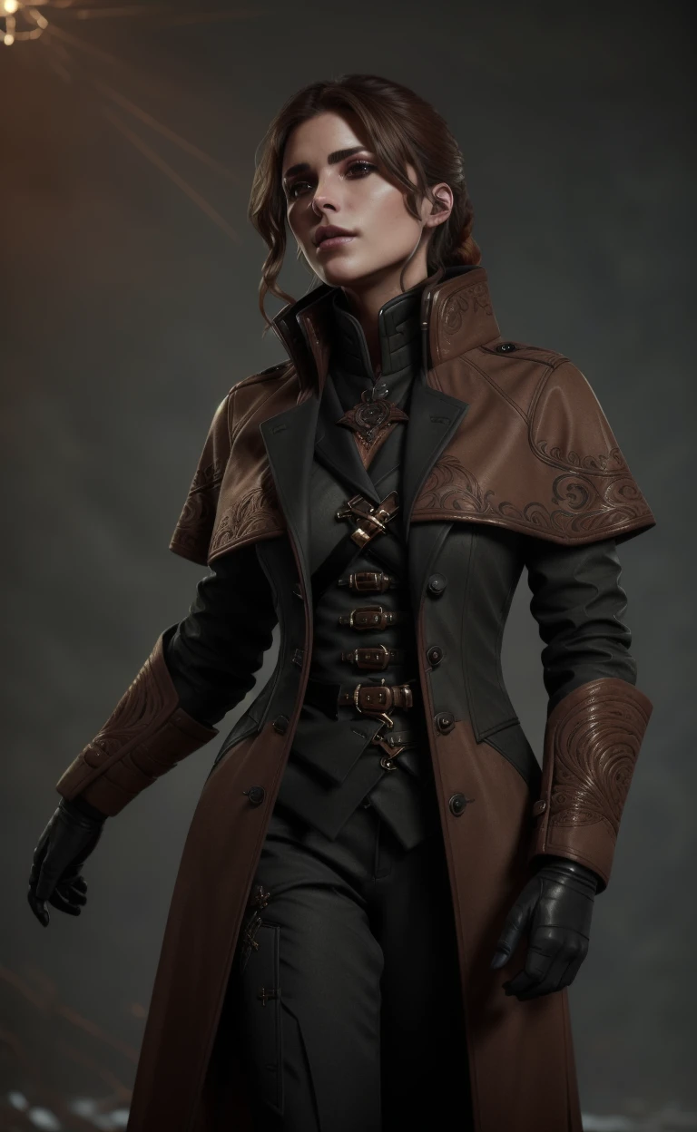 <lora:KTemplar-10:0.8> KTemplar, strict woman wearing brown coat and (pants:1.1), (tied hair:1.1), (masterpiece:1.3), (best quality:1.3), beautiful, (intricate details), unity 8k wallpaper, ultra detailed, beautiful, aesthetic, perfect lighting