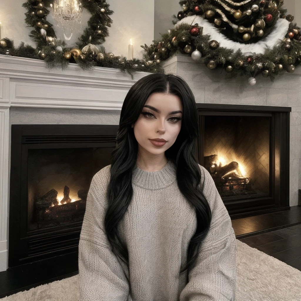 <lora:emmanorts_sd15_512_128_64_v1:1> emmanorts, 1girl black long weavy hair, wearing a christmas sweater, christmas decoration in background, lit fireplace in background