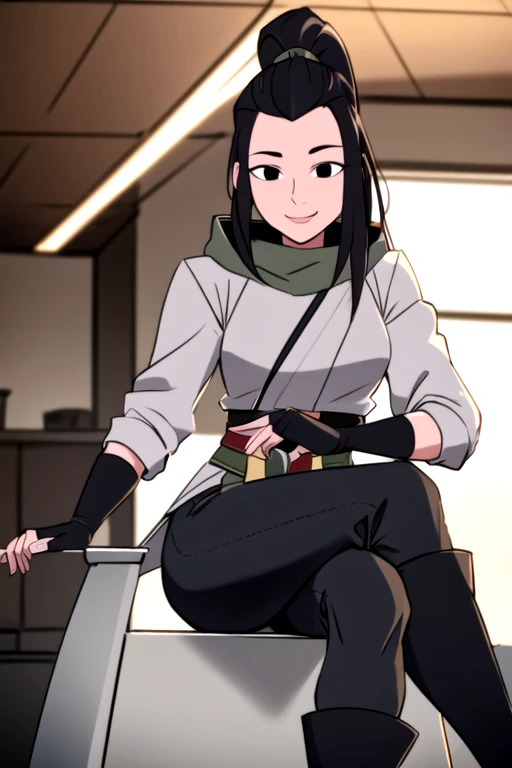 masterpiece, best quality, <lora:hamato_karai:0.7> 1girl, solo, looking at viewer, smile, black hair, long hair, ponytail, black eyes, ponytail, hood down, white shirt, fingerless gloves, elbow gloves, black gloves, long sleeves, pants, boots, forehead, shoulder pads, pelvic curtain, sash, sitting, crossed legs, indoors, detailed, raytracing, ultra detailed,detailed face, 8k wallpaper,