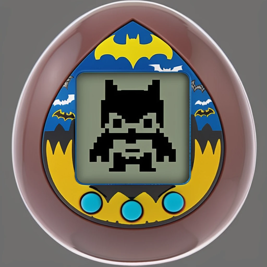 An egg-shaped, virtual pet device is featured with a central screen displaying, a  single color 8bit  bat Man ,The screen is encased within an while ring  ., <lora:egg_bit:0.8>