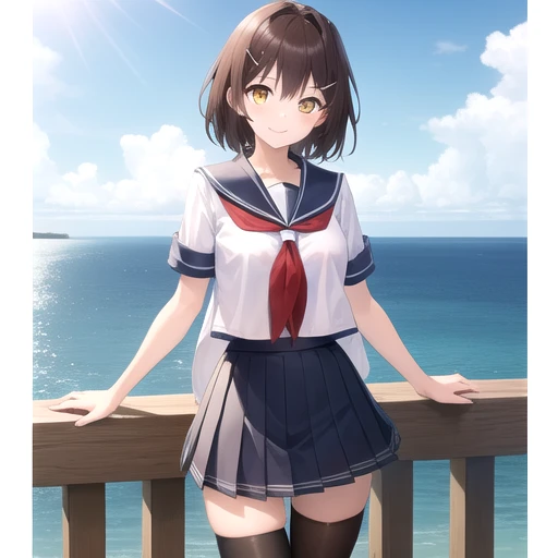 ((masterpiece)),(best quality),official art,extremely detailed CG,unity 8k wallpaper,ultra detailed,A lighthouse on a cliff by the sea,1girl,solo,cowboy shot,short_hair,brown_hair,white shirt,school_uniform,serafuku,yellow_eyes,single_thighhigh,smile,pleated_skirt,asymmetrical_legwear,hairclip,glowing_eye,hair_ornament,uneven_legwear,<lora:Furutaka(kan)>,
