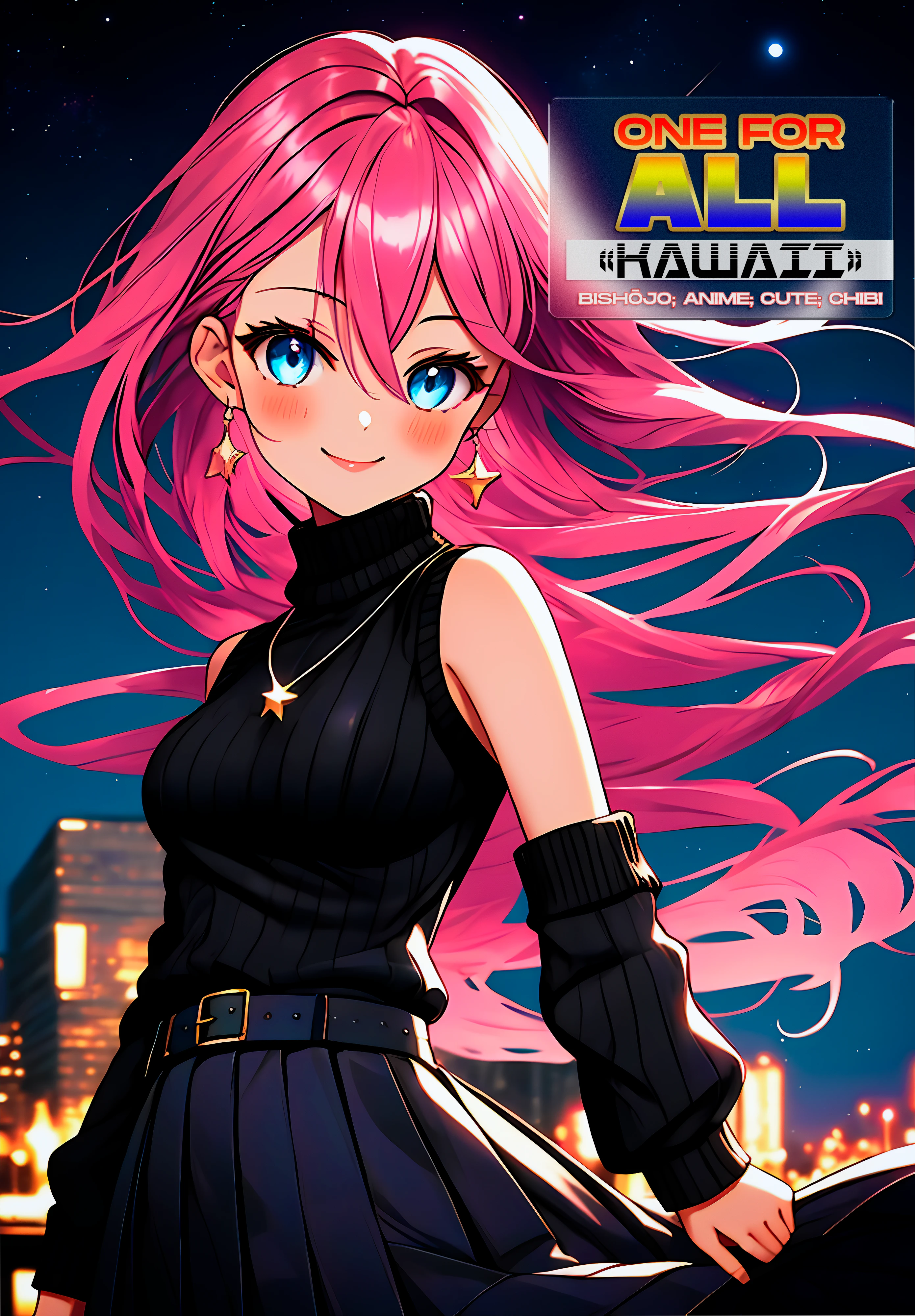(upper body, solo, night city background, starry night)
<lora:beautiful detailed eyes:0.7>
<lora:Furtastic_Detailer:0.7>
<lora:wrenchsfantasy:0.7> wrenchsfantasy, fantasy, glowing
1girl, pink hair, long hair, blue eyes, hair between eyes, blush, confident smile, perfect cuteness, bangs, medium breasts, smile, black sweater, turtleneck sweater, sleeveless, necklace, skirt, pleated skirt, black skirt, black belt
(cinematic light, depth of field)