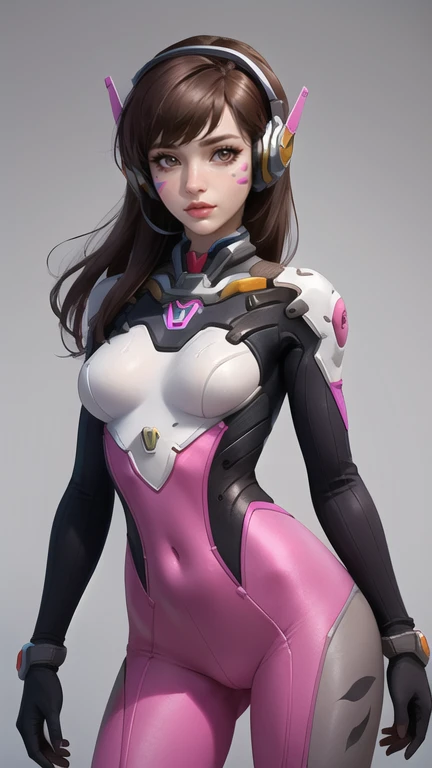 masterpiece, best quality,1girl, d.va (overwatch), solo, long hair, whisker markings, bodysuit, brown hair, facial mark, gloves, breasts, brown eyes, pilot suit, cowboy shot, headphones, white gloves, medium breasts, swept bangs, skin tight, animal print, bangs, bunny print, ribbed bodysuit, facepaint, pink lips,(grey background:1.2),simple background, (kbxll:0.6)