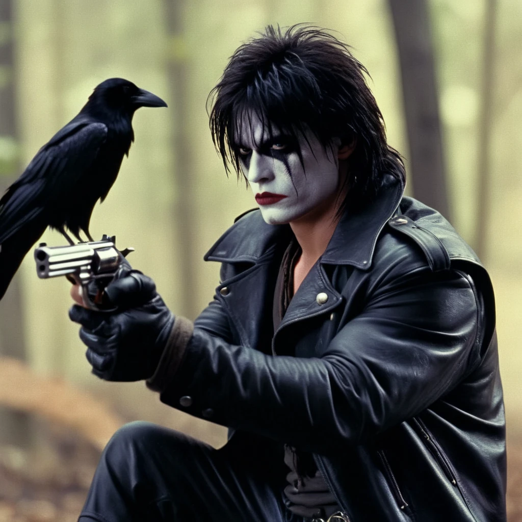 cinematic film still of <lora:Eric Draven The Crow:1.2>
Eric Draven The Crow a realistic photo of a choppy hair cut man aiming a revolver pistol with a crow sitting in the background, shallow depth of field, vignette, highly detailed, high budget, bokeh, cinemascope, moody, epic, gorgeous, film grain, grainy