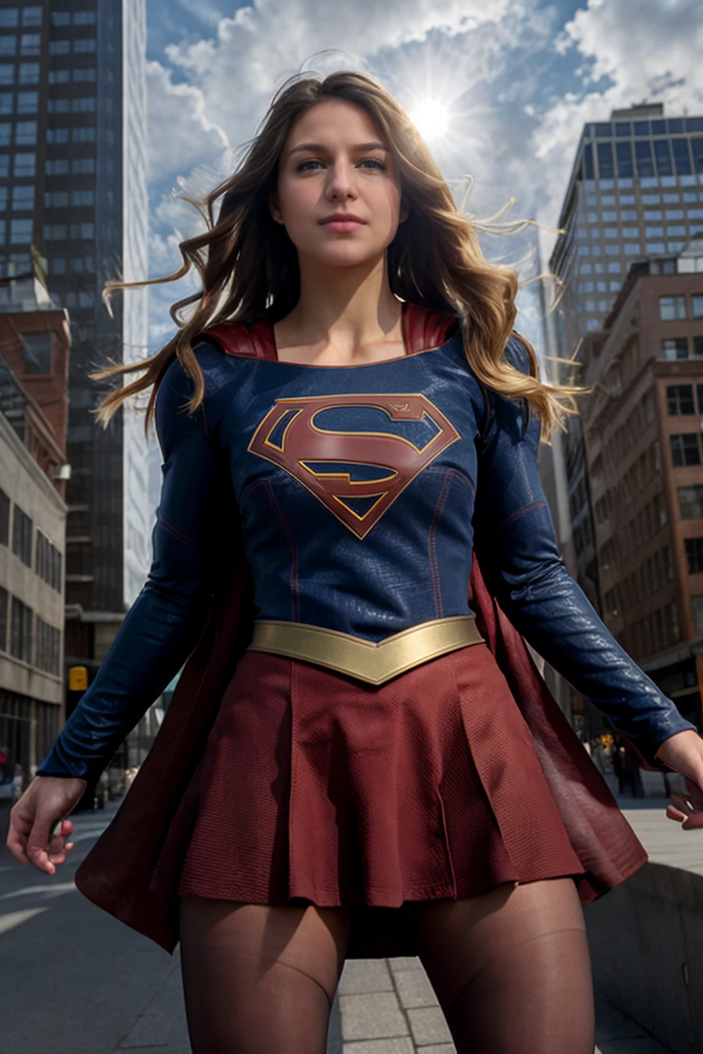 real, atmospheric scene, masterpiece, best quality, (detailed face, detail skin texture, ultra-detailed body),(cinematic light),
<lora:Supergirl_MelissaBenoist_smf_lora_v04-000005:1>, 1girl, s0p3r6m3l1s4-smf, superhero, solo, cape, brown hair, realistic, bodysuit, animification, skirt, flying, blonde hair, arm up, buildings, sky, clouds, sun light, pantyhose