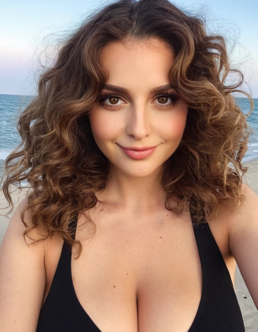 amateur cellphone photography cute Wisdom Years woman with Light chestnut brown Beach waves hair at ford . f8.0, samsung galaxy, plunging cleavage <lora:Cleave:1>, stunning hazel eyes, mascara