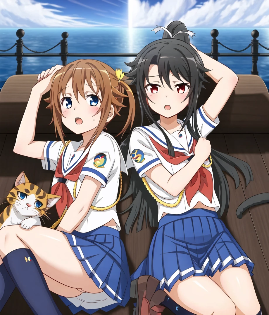 misaki_akeno, munetani_mashiro, booru, 2girls, blue skirt, pleated skirt, open mouth, cat, ocean, short sleeves, loafers, looking at viewer, serafuku, hair ribbon, kneehighs, neckerchief, outdoors, on back, day, brown footwear, white ribbon, white shirt, hair between eyes, hand on own cheek, ocean, yellow ribbon, arms up, blush, bangs, head rest, white sailor collar, on side, stretching, deck, wood, on ship,
<lora:GoodHands-vanilla:1>, <lora:kohakuV5_rev2:0.4>, <lora:haifuri-loha-bundle-60000:1>, <lora:hotarubreedAnimemix_v10:0.4>