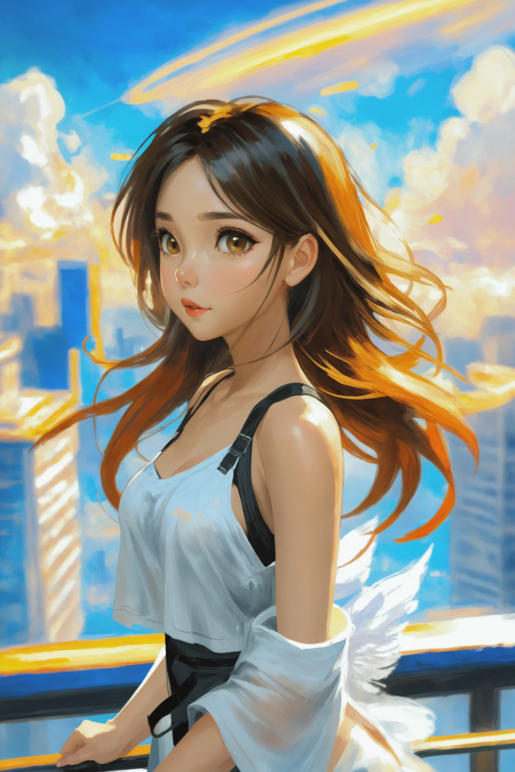 2010s anime style digital painting<lora:EnvySendNoodzXL01:-1>, 1girl, woman, beautiful, morning, scenery, imaginary metropolis in a Angelic Heights<lora:EnvyAnimeDigitalPaintingXL02:1>