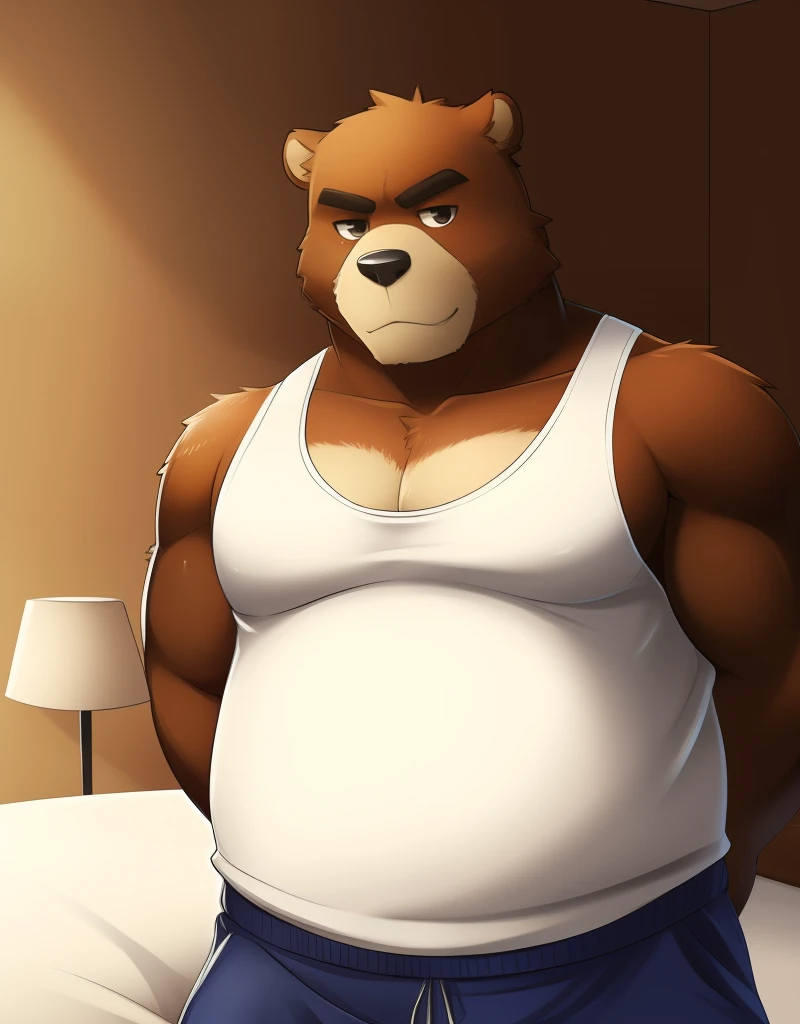 (((detailed eyes, detailed face))), (bara, juuichi <lora:character_juuichi_findigo_v1:0.9>, bear, short hair, black eyes), male, (solo), (plump, fat, chubby, overweight), (white tank top, blue pants), standing, (arms behind back), smile BREAK (konzaburou, ukan_muri, cute), bedroom, (soft shading), 8k, UHD, masterpiece, (full body)