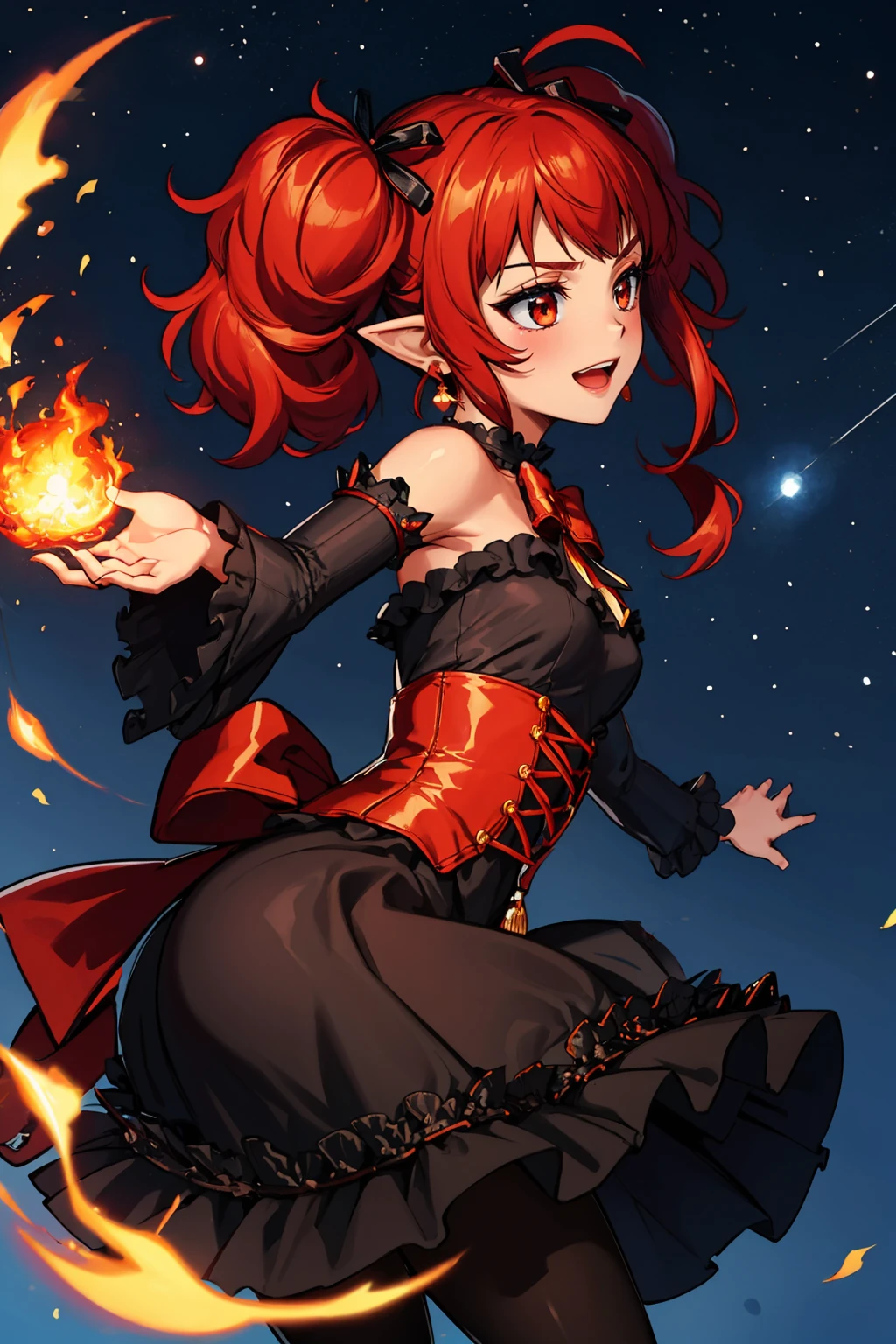 masterpiece, best quality, <lora:dnfenchantress-nvwls-v1-000009:0.9> dnfenchantress, twintails, hair bow, earrings, bare shoulders, black dress, corset, detached sleeves, black pantyhose, cowboy shot, from side, casting magic, outstretched hand, :D, furrowed brow, fireball, night sky