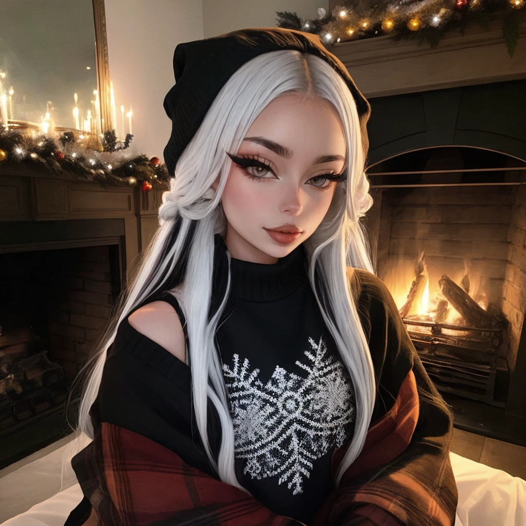 <lora:emmanorts_sd15_512_128_64_v1:1> emmanorts, 1girl black long weavy hair, wearing a christmas sweater, christmas decoration in background, lit fireplace in background