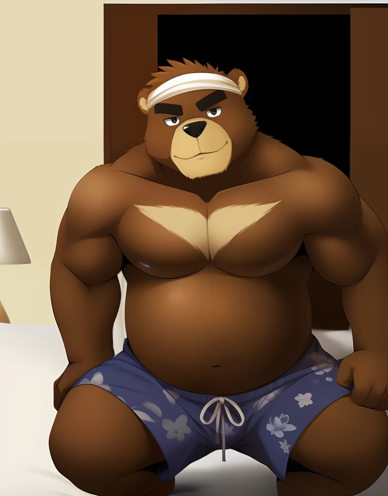 (((detailed eyes, detailed face))), (bara, kenji <lora:character_kenji_findigo_v1:0.9>, bear, short hair, spiked hair, black eyes), male, (solo), (plump, fat, chubby, overweight), (blue swim trunks, floral print, topless, headband), crouching, leaning forward, smile BREAK (konzaburou, ukan_muri, cute), bedroom, (soft shading), 8k, UHD, masterpiece, (full body)