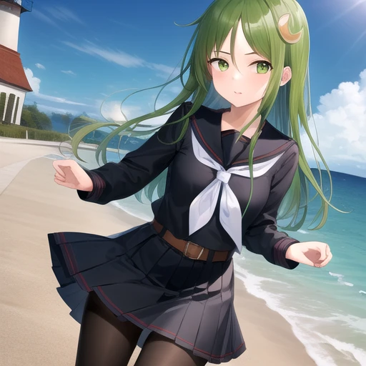 ((masterpiece)),(best quality),official art,extremely detailed CG,unity 8k wallpaper,ultra detailed,A lighthouse on a cliff by the sea,1girl,solo,cowboy shot,green eyes,long hair,school uniform,black shirt,green hair,serafuku,black pantyhose,crescent hair ornament,white necktie,black skirt,loafers,black sailor collar,pleated skirt,looking at viewer,belt,white neckerchief,long sleeves,crescent pin,<lora:Nagatsuki(kan)>,
