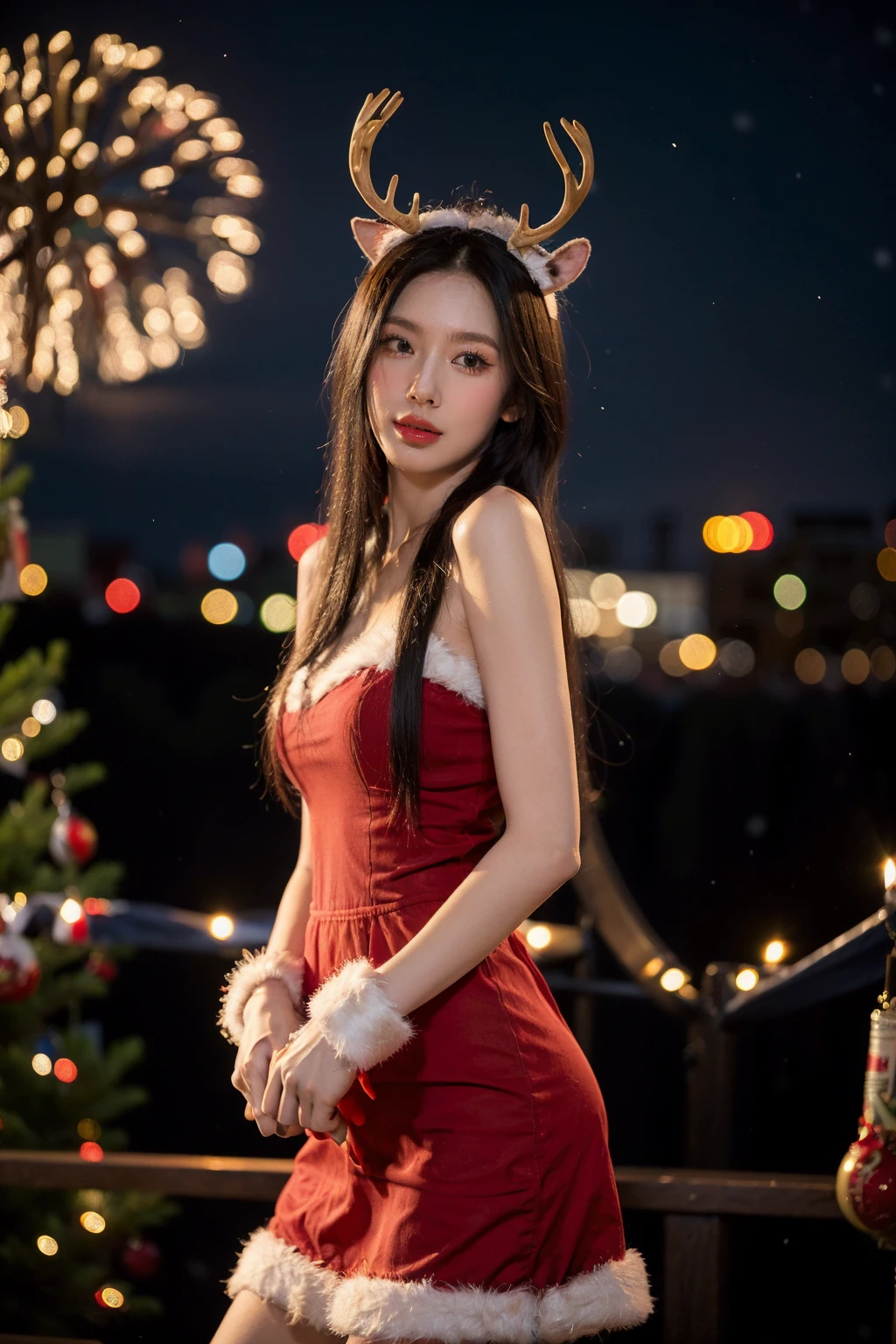 1girl,christmas,bare shoulders,antlers,(cowboy shot close-up),standing,exquisite eyes,outdoors,night,cityscape,snowing,elegant posture,<lora:Christmas_20231212224057-000008:0.7>,(an extremely delicate and beautiful),(best quality),((masterpiece)),intricate detail,(masterpiece, high quality, best quality),fireworks,