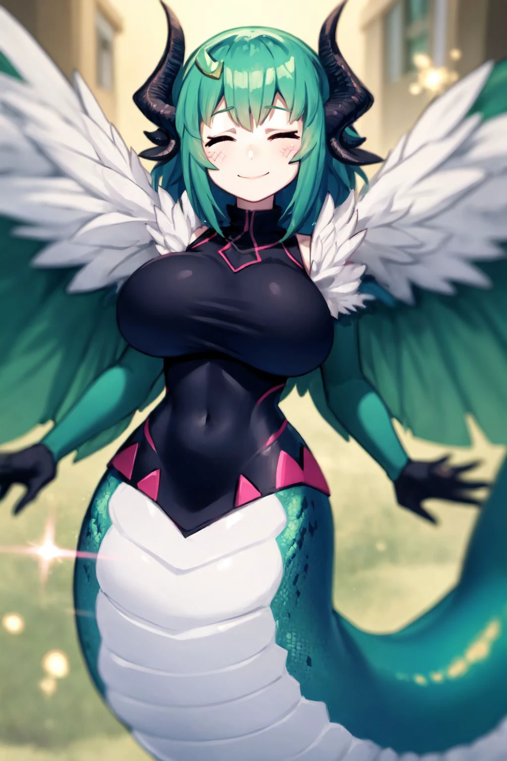 (solo, best quality, highres, absurdres:1.1), (harpy, lamia, dragon horns:1.1), ((closed eyes smile:1.1):1.1), jumping, large breasts, beautiful detailed face, outdoors, (glittering light, particle effect, pop surrealism, mystical, sharp:1.1) <lora:monstergirl_cpt_v02.10:1>