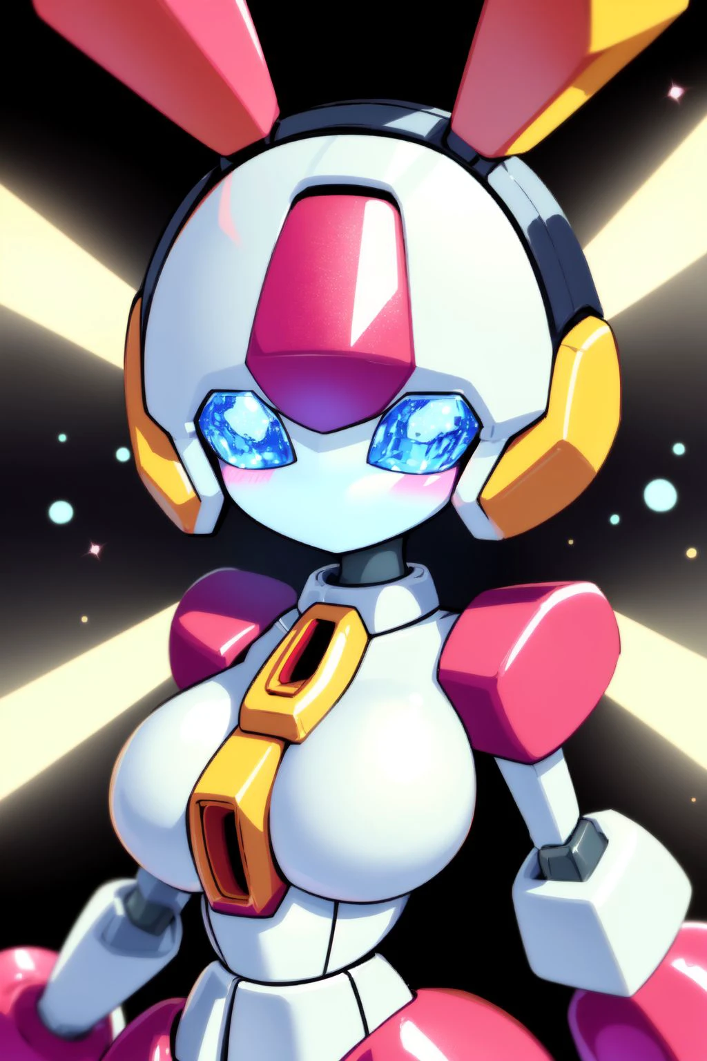 (solo, best quality, highres, absurdres:1.1), (medarot:1.1), (:3:1.1), wariza, large breasts, beautiful detailed face, outdoors, (glittering light, particle effect, pop surrealism, mystical, sharp:1.1) <lora:monstergirl_cpt_v02.10:1>