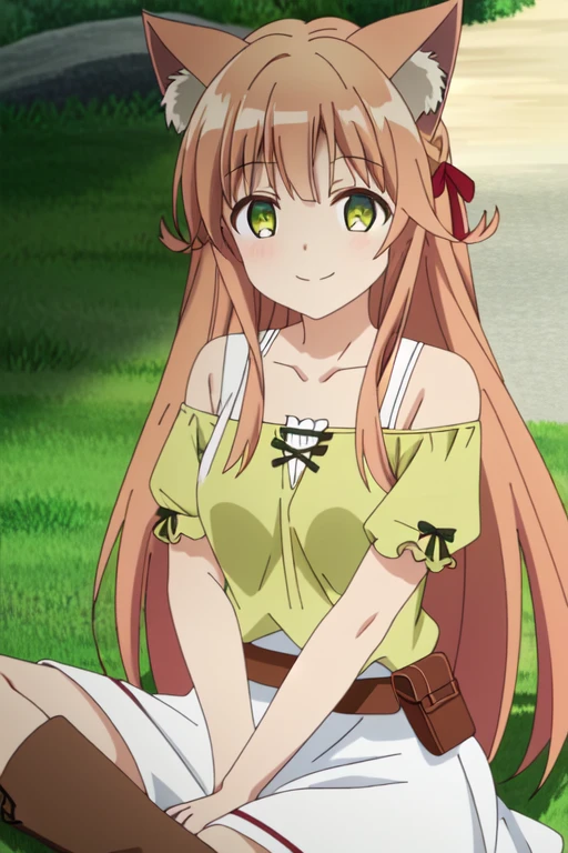 <lora:BeastTamer_Kanade_by_minion-22:0.64> kanade, bare shoulders, shirt, off shoulder, collarbone, off-shoulder shirt, short sleeves, dress, green shirt, belt, pouch, boots, white skirt, puffy sleeves, smile, sitting, indian style, legs crossed, on the ground, hands on lap, looking at viewer, high contrast, sharp focus, masterpiece, best quality, highly detailed, HDR, highest quality, highres, sharp focus, 8k, 16k, skin pores, dynamic lights, realistic shadows, best shading, award winning masterpiece, 1girl, solo