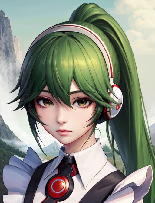 best quality, masterpiece, highres, detailed, digital artwork, <lora:Detail - add_detail:0.2>, CasiCharu, green hair, long hair, brown eyes, red headphones, android, robot joints, <lora:Character - CasiCharu:0.8>, valley, thoughtful, maid uniform, ponytail,