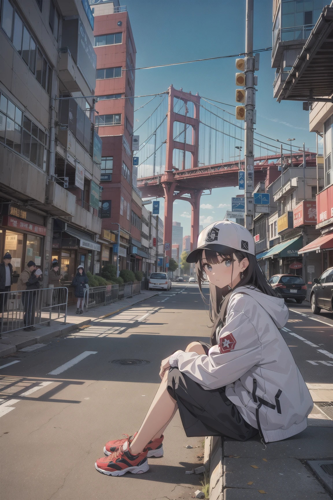 skyscraper, building, city, cityscape, hat, earrings, baseball_cap, 1girl, long_hair, jacket, chain-link_fence, hood, bridge, solo, architecture, shoes, sitting, city_lights, east_asian_architecture, looking_at_viewer, , neonpunkai