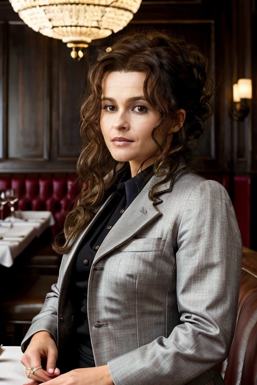 masterpiece,best quality, detailed face, business suit, in a restaurant,<lora:Helena_Bonham_Carter:1> 1girl, solo, a mature 40 year old hb1873c, brown hair, wavy,messy,up do, hair,