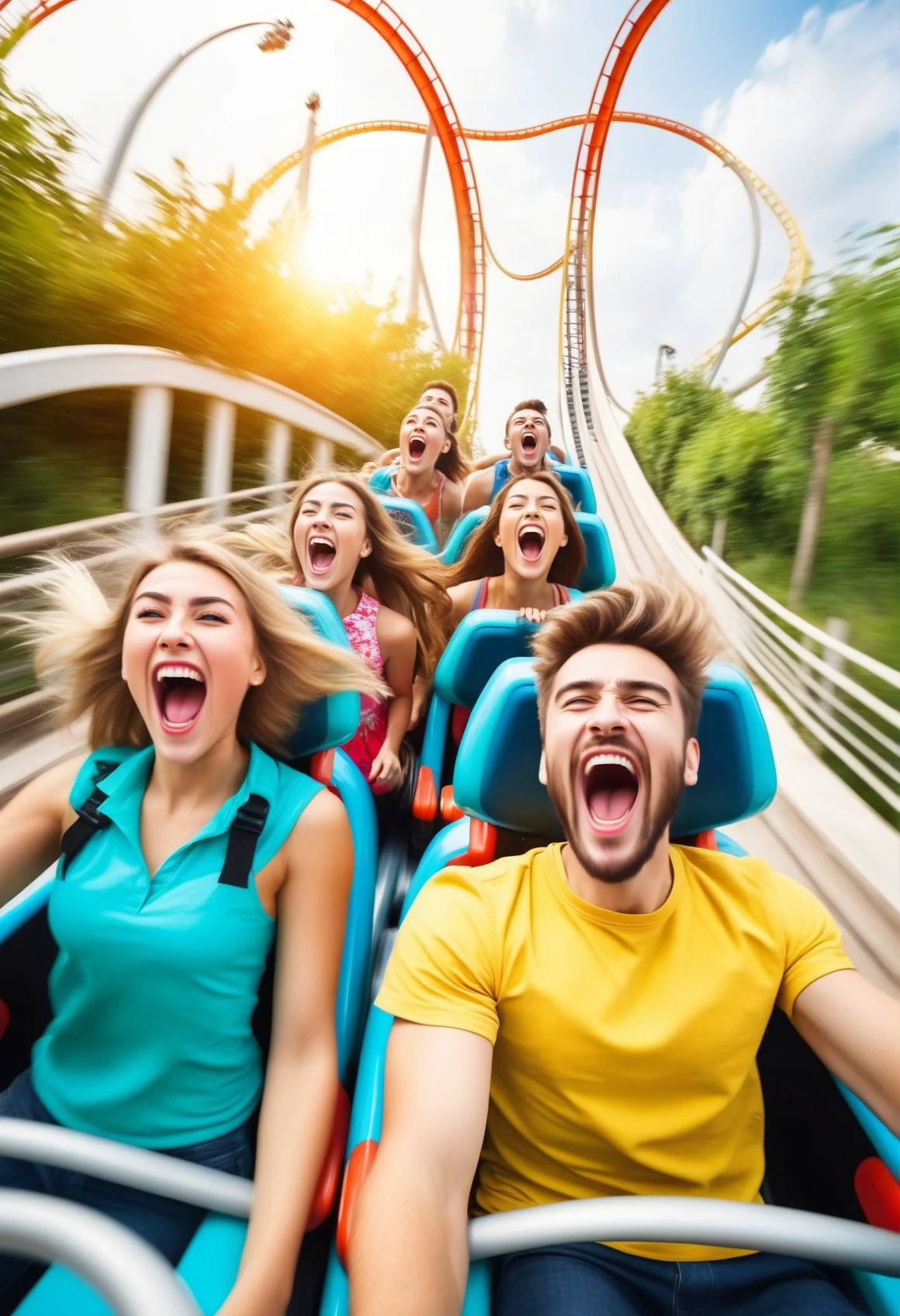 Young people who have extreme fun and excitement with the roller coaster. super fast, arms in the air, (mouths open:0.5), screaming and laughing. speed effect