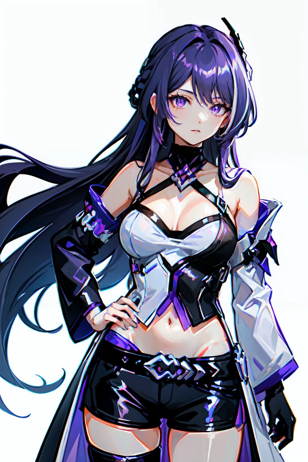 acheron, 1girl, solo, purple hair, purple eyes, hair over one eye, white acheron outfit, standing, facing viewer, hand on hip, <lora:acheron-21:0.8>. hair ornament, white background:1.2,
