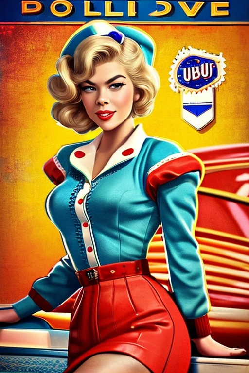 a poster depicting a classic pin-up style model looking like olgal3 with a playful pose and a vintage outfit set against a vibrant background that captures the nostalgic essence of the mid-20th century Americana.