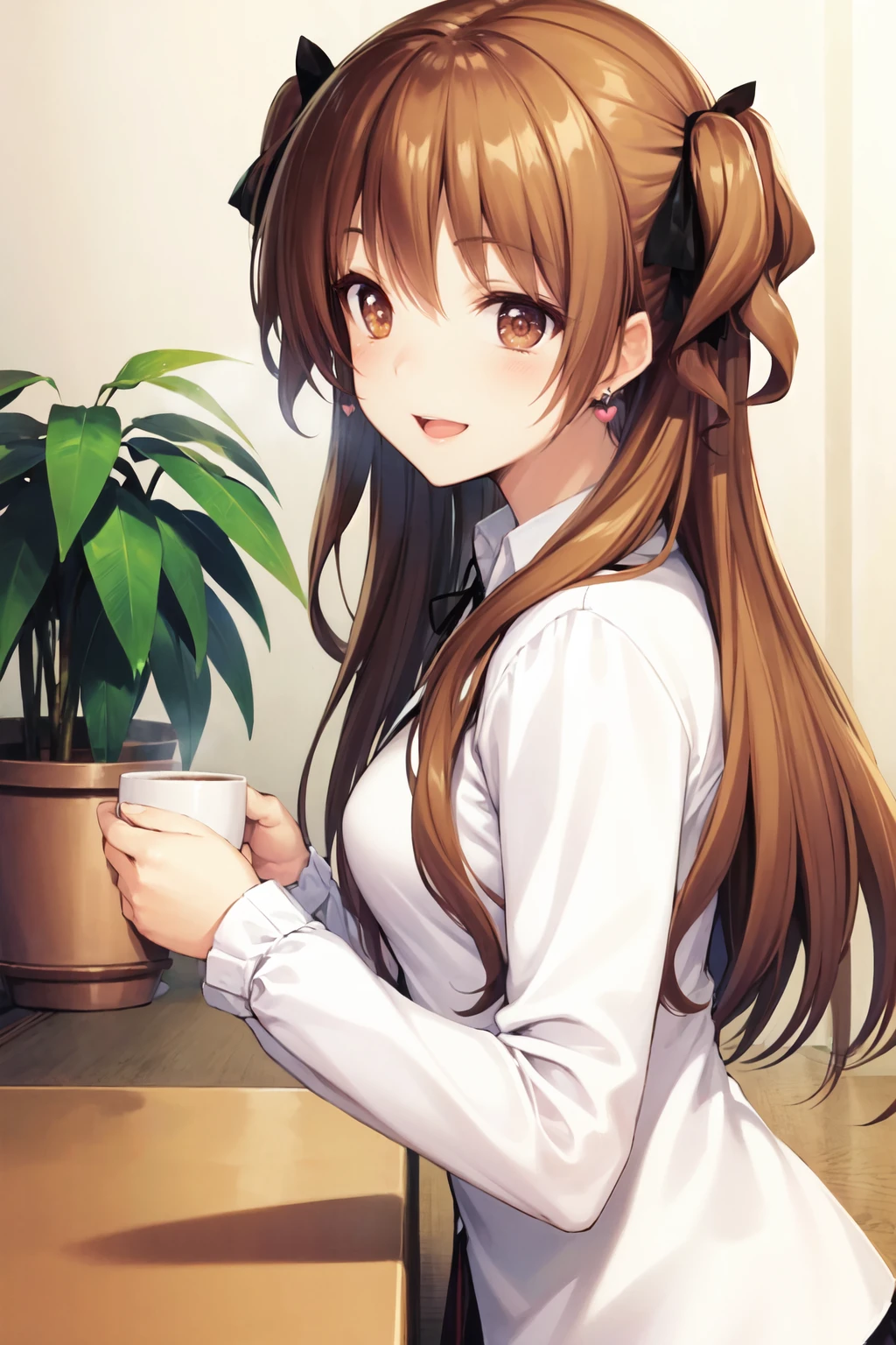 rinaog, 1girl, solo, hair ribbon, black ribbon, cup, smile, open mouth, plant, blush, mug, coffee, potted plant, white blouse, long sleeves, heart earrings, from side, holding cup <lora:rinaog_V1-10:0.7>