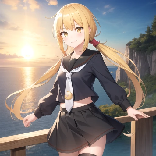 ((masterpiece)),(best quality),official art,extremely detailed CG,unity 8k wallpaper,ultra detailed,A lighthouse on a cliff by the sea,1girl,solo,cowboy shot,long_hair,blonde_hair,black_shirt,black_skirt,school_uniform,serafuku,yellow_eyes,long_sleeves,smile,crescent,white_necktie,low_twintails,black_thighhighs,looking_at_viewer,<lora:Satsuki(kan)>,