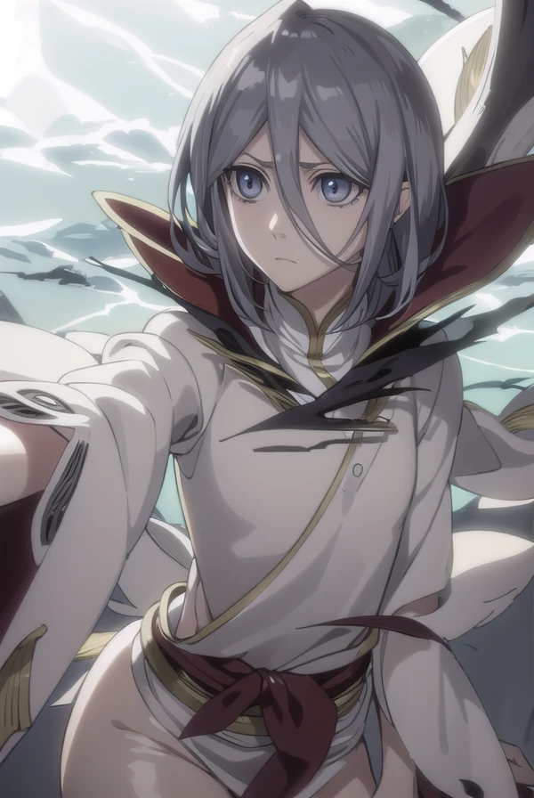 rukiakuchiki, <lora:rukia kuchiki movie3-lora-nochekaiser:1>,
dark rukia kuchiki, kuchiki rukia, short hair, grey hair, hair between eyes, (grey eyes:1.5),
BREAK cape, robe, white robe, high collar, long sleeves, torn clothes,
BREAK outdoors,
BREAK looking at viewer,
BREAK <lyco:GoodHands-beta2:1>, (masterpiece:1.2), best quality, high resolution, unity 8k wallpaper, (illustration:0.8), (beautiful detailed eyes:1.6), extremely detailed face, perfect lighting, extremely detailed CG, (perfect hands, perfect anatomy),