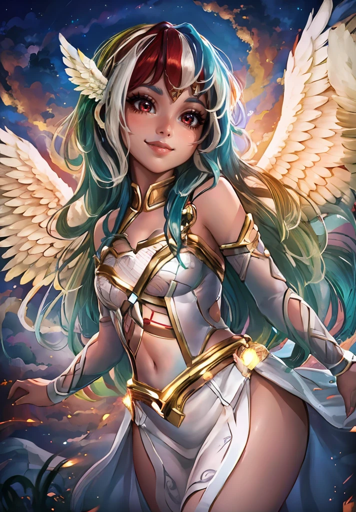 1girl, smile, curvy, from below, (multicolored hair, angel, wings, red eyes, nervous smile), sky and clouds, white short dress, fantasy,
(detailed background),(dynamic angle),(cowboy shot:1.2),
(masterpiece:1.2), (best quality, highest quality), (ultra detailed), (8k, 4k, intricate),