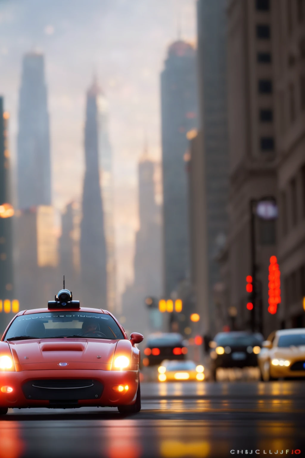 (Style-EMCG:1.0) (Style-DoF:1.6) action scene, red car chase in the city, skyscrapers in the background, (masterpiece:1.2) (photorealistic:1.2) (bokeh) (best quality) (detailed skin:1.3) (intricate details) (8k) (HDR) (analog film) (canon d5) (cinematic lighting) (sharp focus)