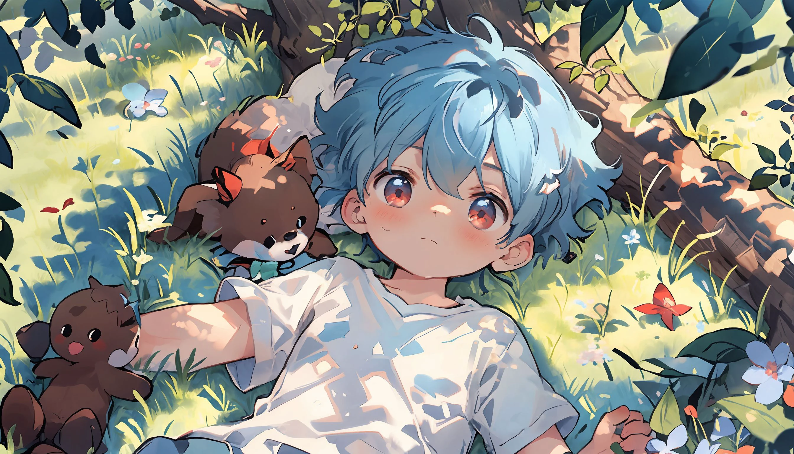 (masterpiece),(best quality),(ultra detailed),highres,(1boy:1.4),from above,upper body,(blue hairs:1.2),red eyes,lying on the grass,looking at viewer,white shirt,brown shorts,summer,under the tree,dappled sunlight,outdoors,