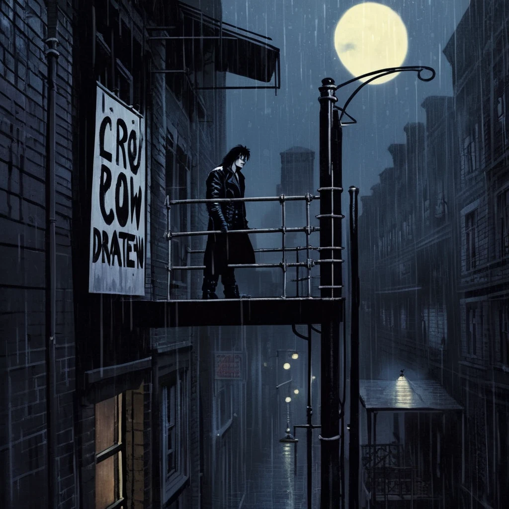 cinematic film still of <lora:Eric Draven The Crow:1.2>
Eric Draven The Crow a drawing of a man on a scaffolding hotel sign in dark alley in rain Graphic Novel Style, shallow depth of field, vignette, highly detailed, high budget, bokeh, cinemascope, moody, epic, gorgeous, film grain, grainy