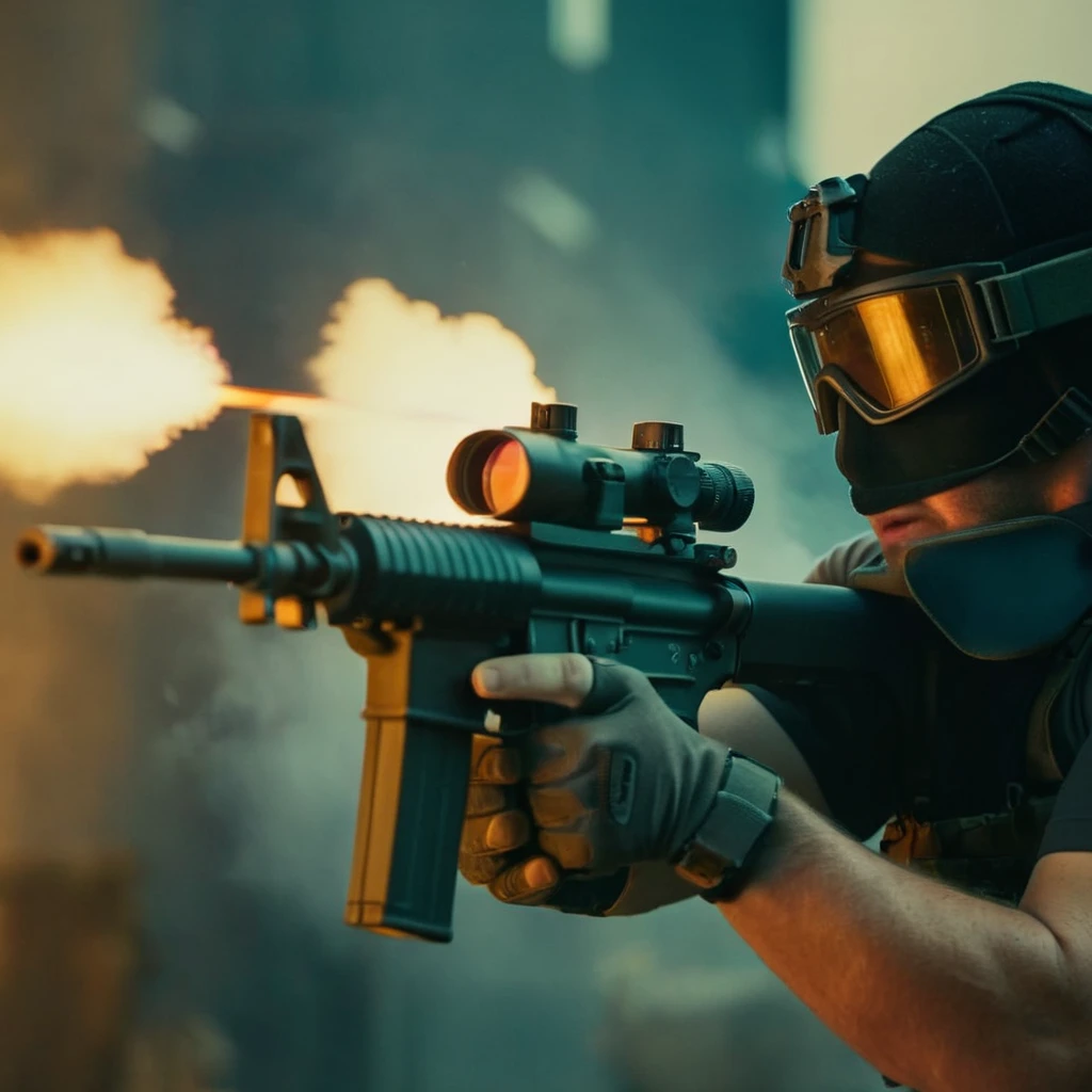 cinematic film still of <lora:M16 Rifle series:1.2>
M16 Rifle series a man is shooting a gun rifle with a cinematic muzzle flash from gun barrel perfection, shallow depth of field, vignette, highly detailed, high budget, bokeh, cinemascope, moody, epic, gorgeous, film grain, grainy