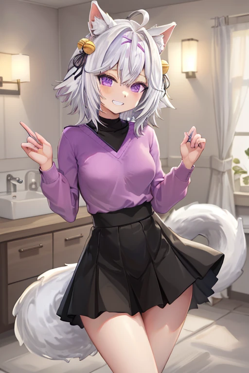 <lora:filian-10 (7):0.8> masterpiece, best quality, absurdres, colorful, indoors, day, 1girl, solo, filian, purple eyes, white hair, short hair, ahoge, animal ears, hair bell, hairband, tail, looking at viewer, upper body, grin, small breasts, wide hips, slim legs, purple sweater, black skirt,
