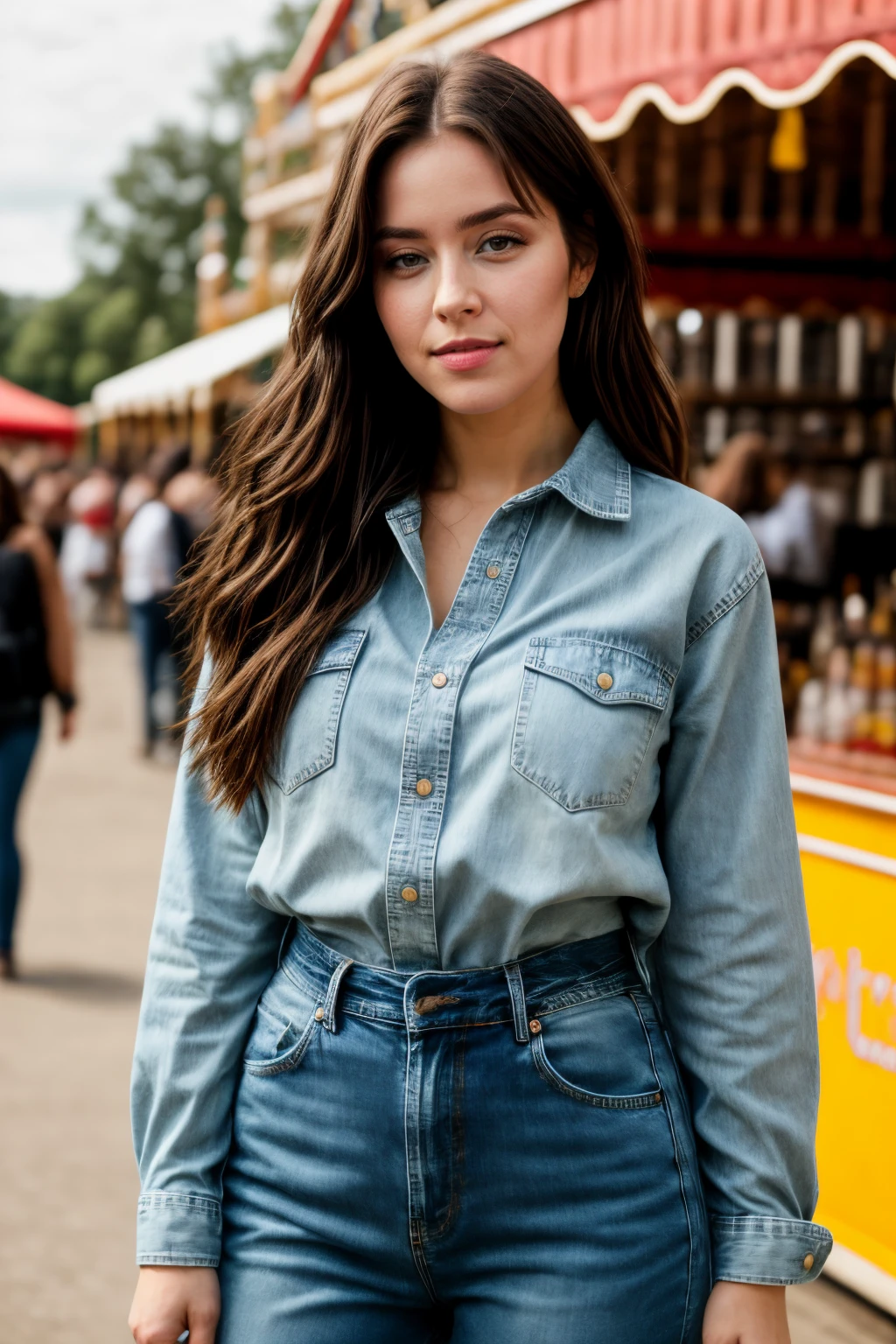 LisaNobody, RAW photo, waist-up photo of beautiful woman, cute face, at the fair carnival wearing shirt jeans bright sunny day, pores, unretouched, vellus hair, natural skin <lora:LisaNobody:1> <lora:more_details:0.6>