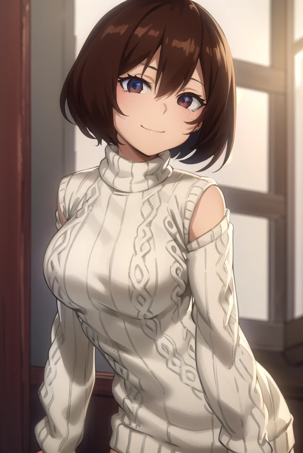 shinososaki, <lora:shino sosaki s2-lora-nochekaiser:0.8>,
shino sosaki, short hair, brown hair, hair between eyes, (brown eyes:1.5), smile,
BREAK sweater, (ribbed sweater:1.5), (white sweater:1.5), long sleeves, turtleneck, 
BREAK indoors, bed,
BREAK looking at viewer, (cowboy shot:1.5),
BREAK <lyco:GoodHands-beta2:1>, (masterpiece:1.2), best quality, high resolution, unity 8k wallpaper, (illustration:0.8), (beautiful detailed eyes:1.6), extremely detailed face, perfect lighting, extremely detailed CG, (perfect hands, perfect anatomy),