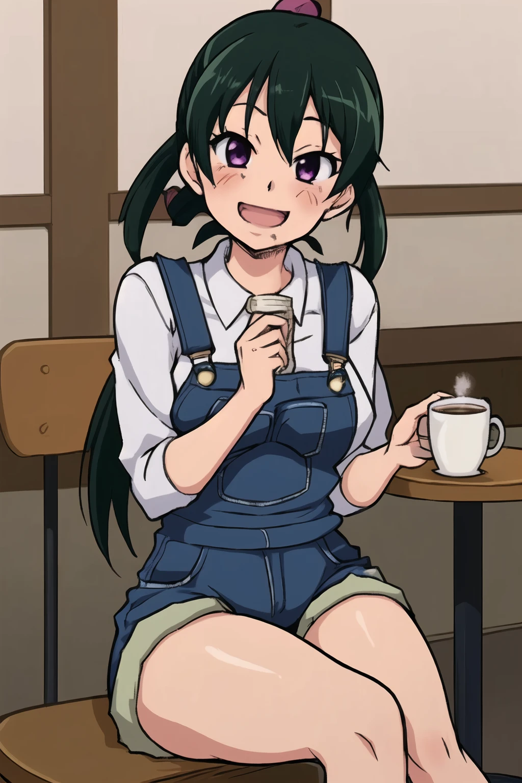 1girl,solo,kiritani_konome,overalls,sitting,laughing,cafe,<lora:Kiritani_Konome_NF_V2:0.8>,