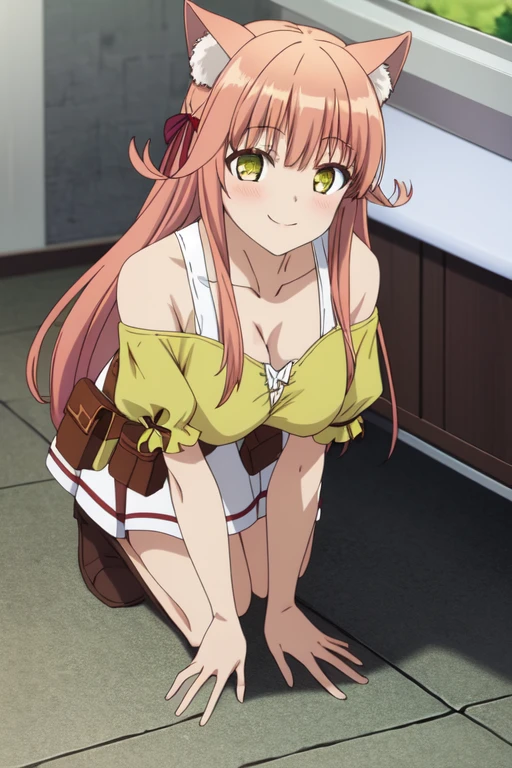 <lora:BeastTamer_Kanade_by_minion-22:0.64>  kanade, bare shoulders, shirt, off shoulder, collarbone, off-shoulder shirt, short sleeves, dress, green shirt, belt, pouch, boots, white skirt, puffy sleeves, smile, all fours, on hands and knees, crawling towards viewer, cleavage, downblouse:1.4, large breasts, hanging breasts, blush, hajidere, by artgerm, cinematic 4k wallpaper,ultra detailed, high resolution, artstation, award winning, 1girl, solo