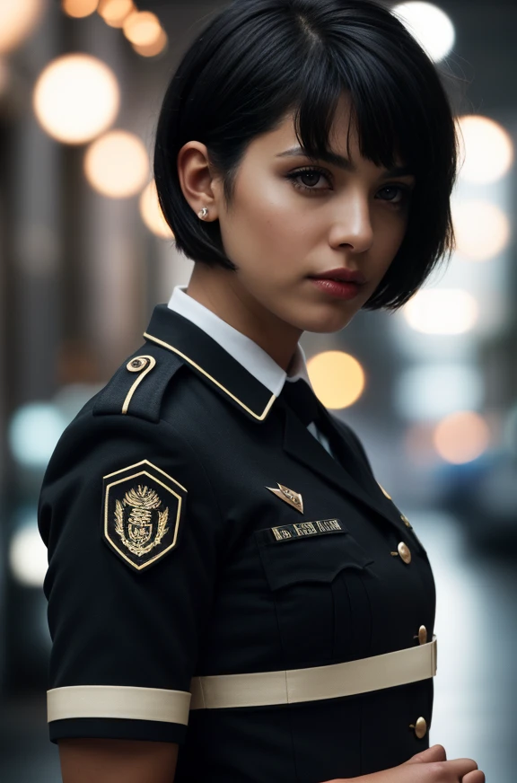 latino woman with black bobcut in snwnrs uniform, professional photograph of a stunning woman detailed, sharp focus, dramatic, award winning, cinematic lighting, octane render, unreal engine, volumetrics dtx, (film grain, bokeh, blurry foreground, blurry background)
