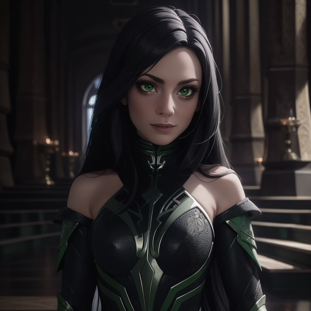 Best_QualityPos, RAW photo, intricate details, best quality, 8k uhd, soft lighting, 1girl, solo, bare shoulders, black hair, long hair, armor, green eyes <lora:HelaV1:0.7> <lora:LowRA:0.6>