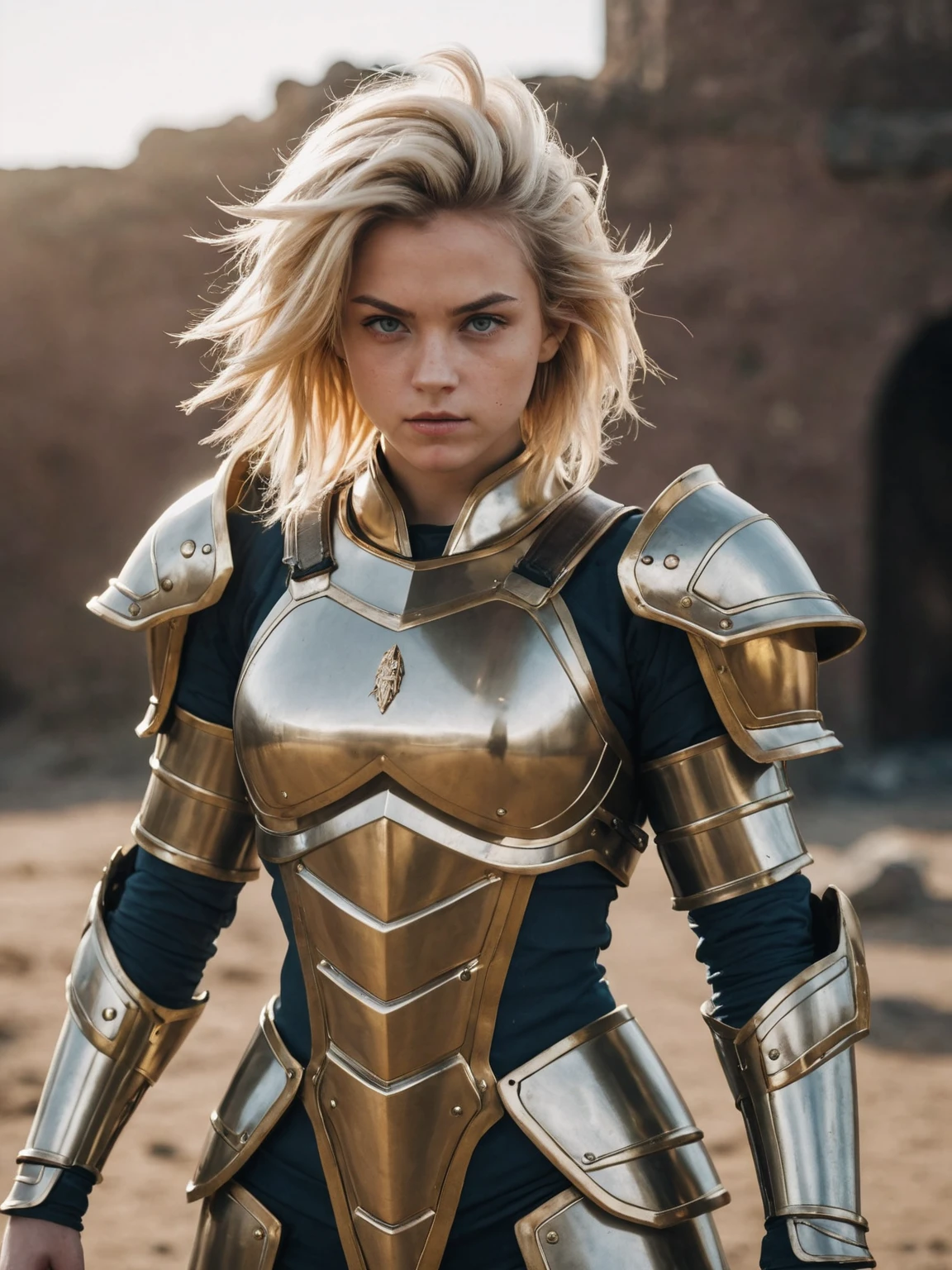 Photo of a girl,cinematic film still,super saiyan, full plate armor