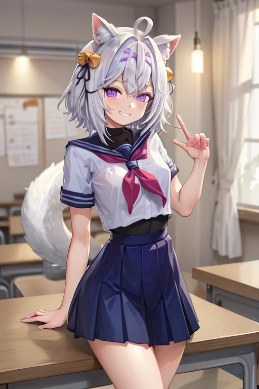 <lora:filian-10 (7):0.8> masterpiece, best quality, absurdres, colorful, indoors, day, 1girl, solo, filian, purple eyes, white hair, short hair, ahoge, animal ears, hair bell, hairband, tail, looking at viewer, upper body, grin, small breasts, wide hips, slim legs, school uniform, blue skirt, short sleeves
